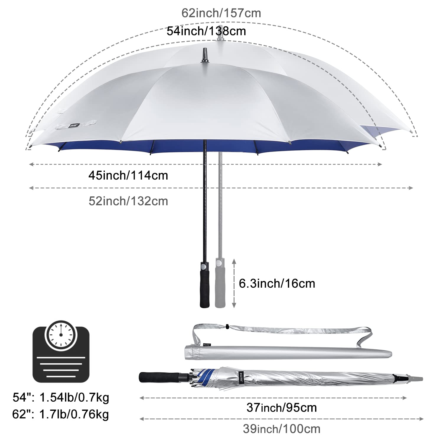 G4Free Parasol golfowy UV 137/62 cm, srebrna powłoka, parasol przeciwsłoneczny, duży baldachim, wiatroszczelny, wodoodporny, automatyczne parasole z otwartym kijem