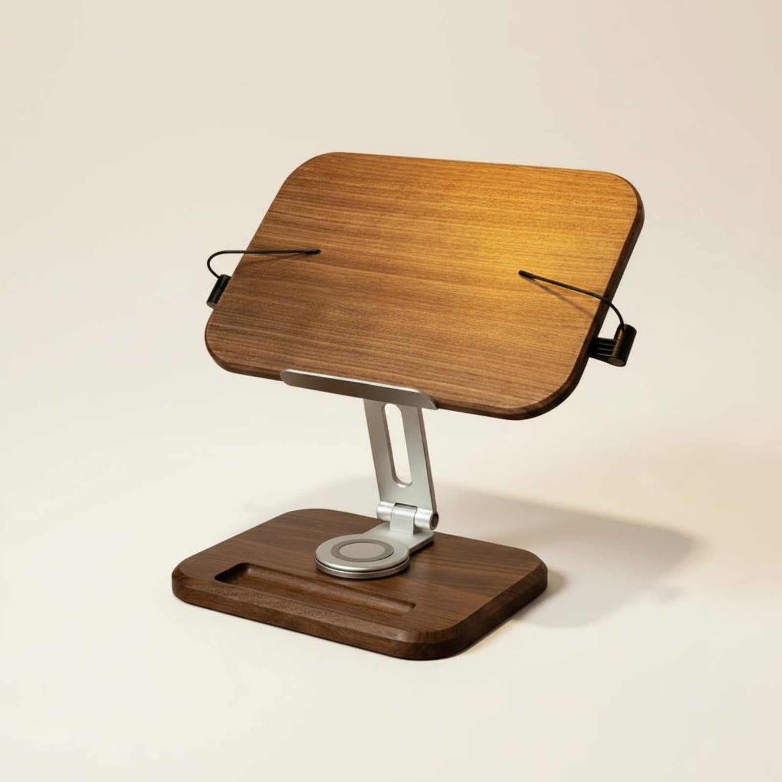 de Lecture Support Livre Lutrin Porte Livre Repose Livre en Noyer Ergonomique avec Bras Réglable en Alliage d'Aluminium et Système Rotatif 360 Pinces