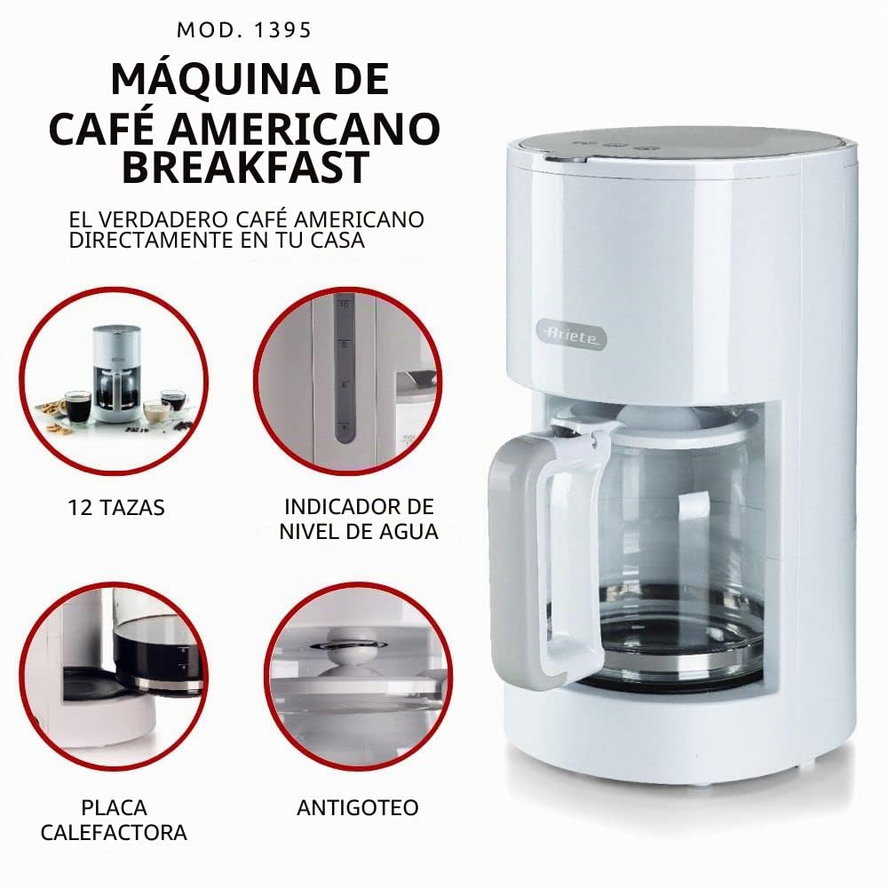 Ariete Breakfast 1395 Cafetera de filtro, cafetera para café Americano, hasta 12 tazas, indicador de nivel de agua, placa calefactable, filtro lavable y soporte de filtro, protección antigoteo, color