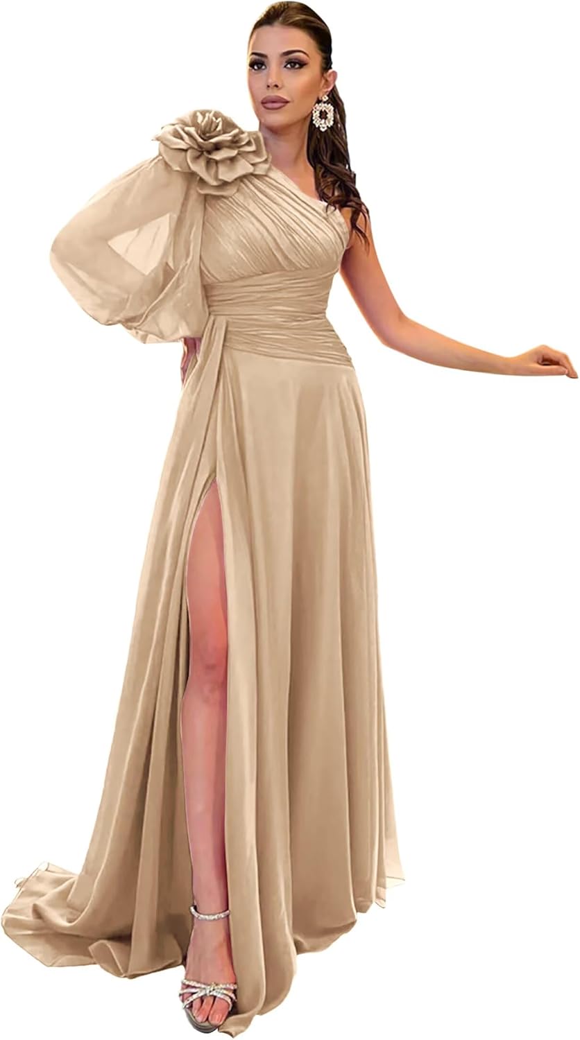 Tsbridal Long Sleeve Bridesmaid Dresses for Wedding Chiffon Pleated Flower Prom Formal Gowns with Slit