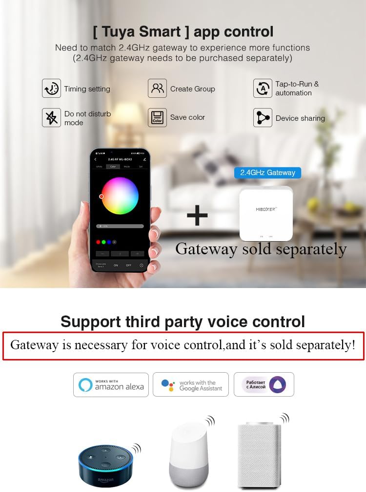 LGIDTECH E3-RF Miboxer 3 in 1 LED Strip Light Controller Tool-Free Wiring,Used for RGB & & RGBW & RGB+CCT LED Strip Light DC 12-24V,Smartphone APP & Voice Control via Gateway(Excluded)