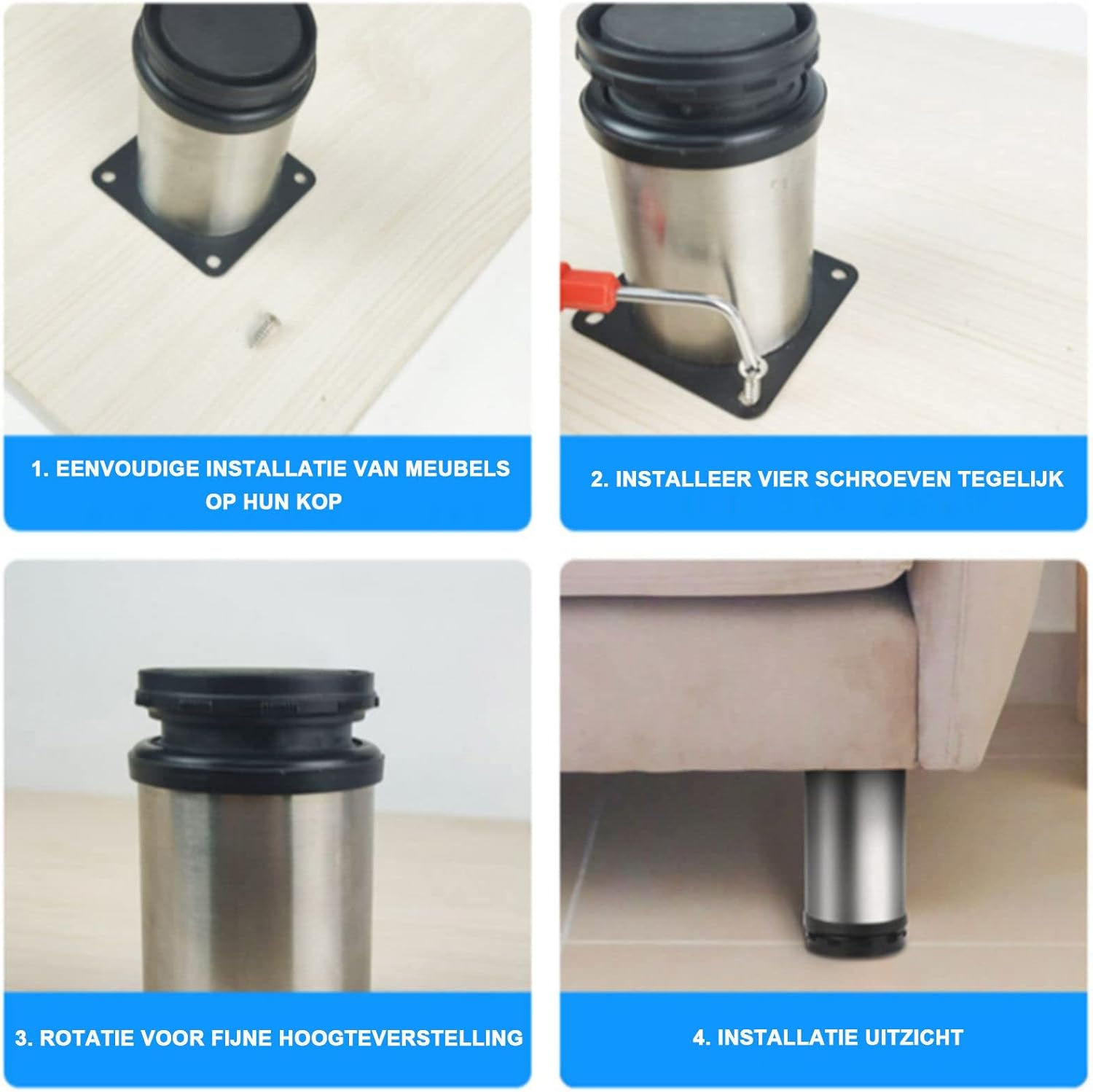Modern Furniture Legs, 4Pcs,Replacement Furniture Legs, Adjustable Legs, Metal Legs, Round Support Legs, Stainless Steel Furniture Legs, for Sofa, Kitchen, DIY,Silver-30cm/12in