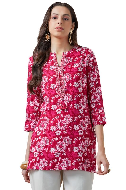 soch Womens Fuchsia Floral Print Rayon Tunic with Faux Mirror-picture-45