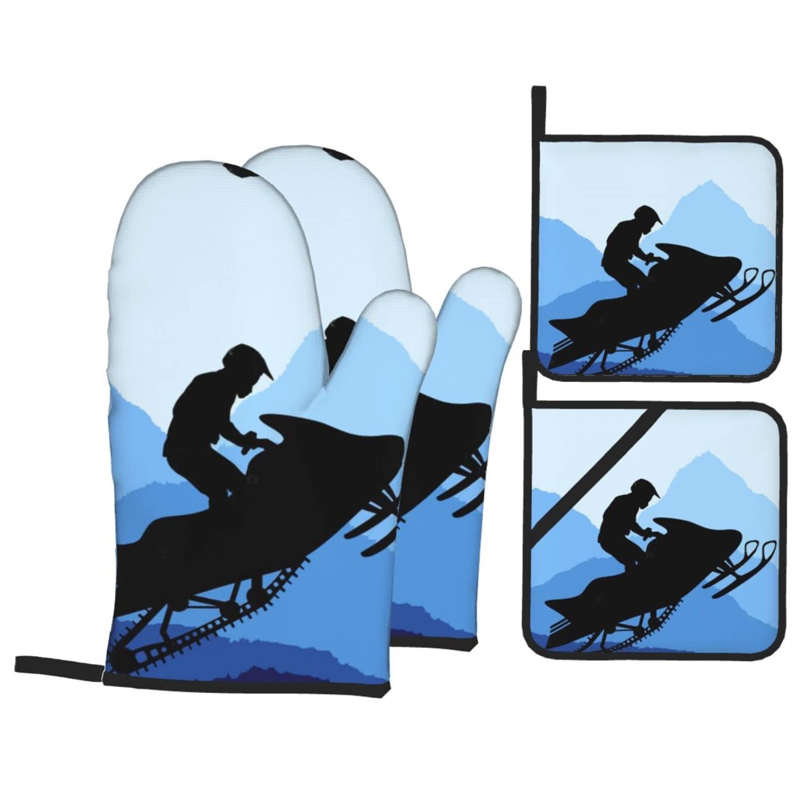 Snowmobile Oven Mitt and Pot Holder 4-Piece Set for Kitchen, Outdoor Grill, Baking