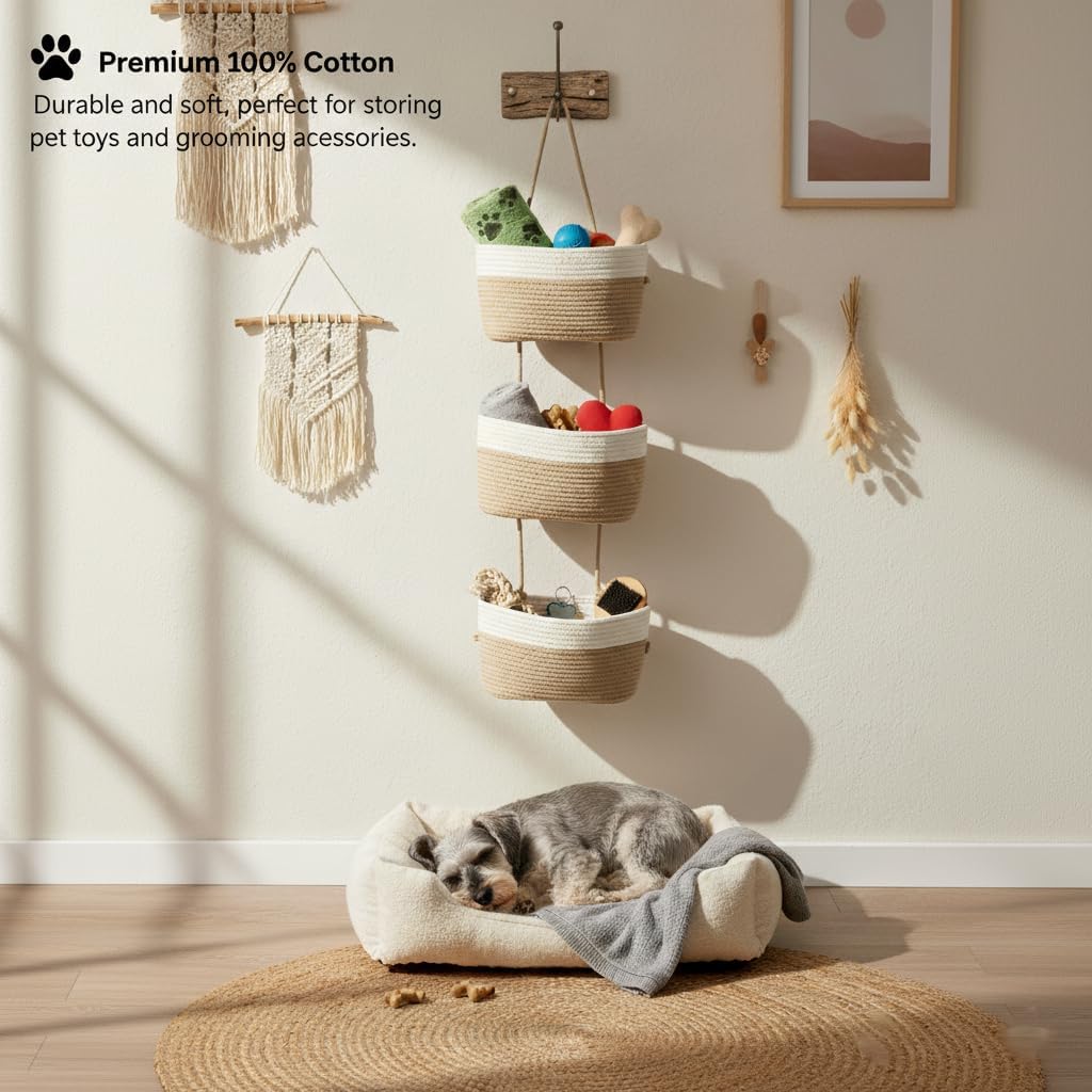 Hanging Wall Basket, Over the Door Hanging Basket with Hooks, 3-Tier Cotton Hanging Basket for Organizing, Decorative Boho Chic Decor for Wall, Bedroom, Living Room, Nursery, Whte & Jute - Image 7