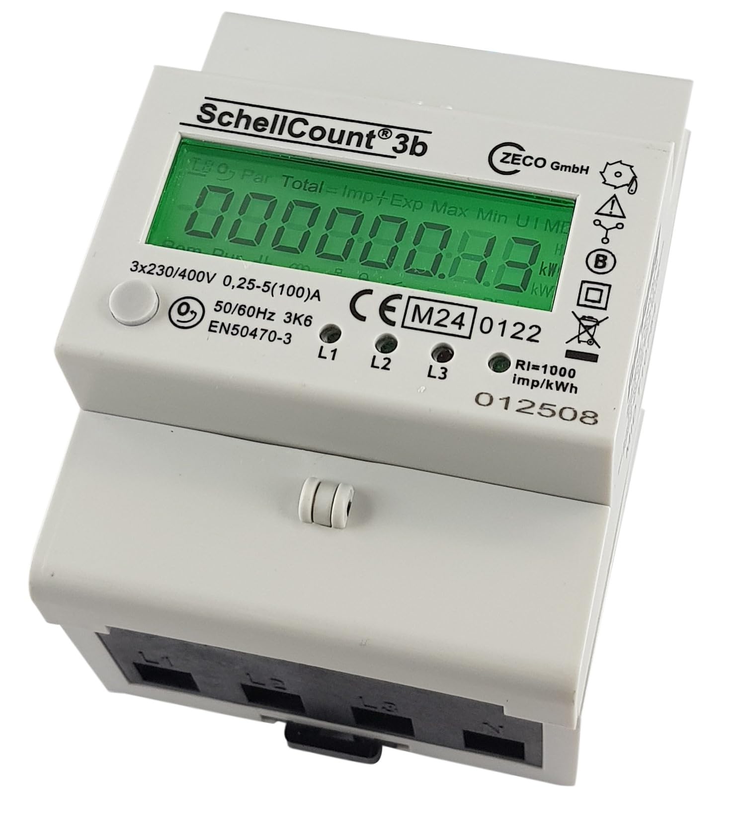 Stromzähler für Hutschiene mit Tageszählwerk (rückstellbar) und Lastanzeige, Drehstromzähler 100A, 3,9TE, S0, digital LCD beleuchtet, (Grün)