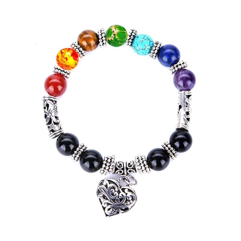 GemsflyMen Women 7 Chakra Bracelets Healing Crystals Stone Heart Charm Pray Mala Bracelet Jewelry