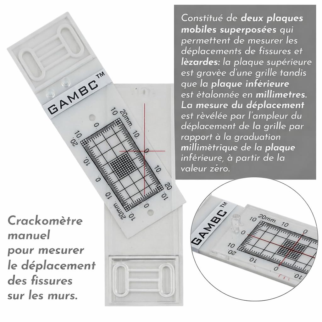 3 Pcs - GAMBC® Jauge manuelle de fissures murales - Fissuromètre pour mesurer et enregistrer les lésions et les fissures sur les surfaces de maçonnerie planes