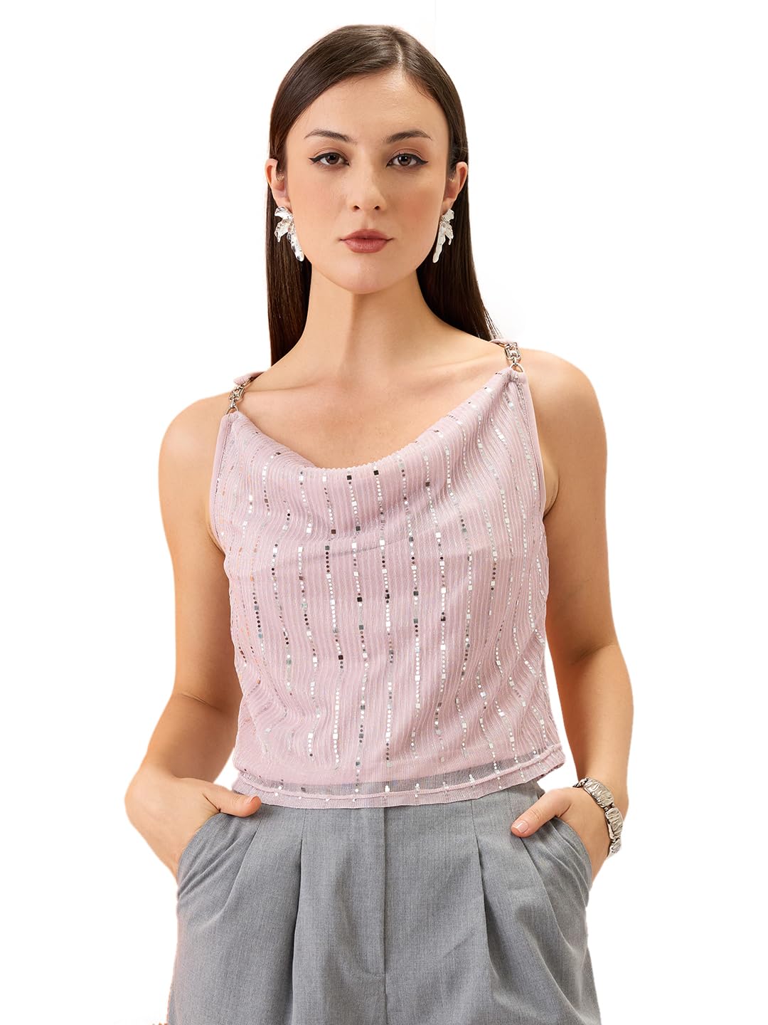 Globus Women Cowl Neck Metal Shoulder Strap Sequinned Party Top-image-49