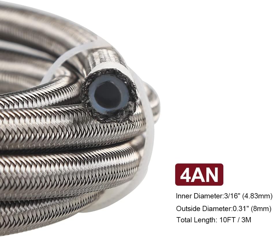 WATERWICH Fuel Line Hose 4AN 1/4" PTFE E85 10FT Fitting Kit Stainless Steel Braided Silver