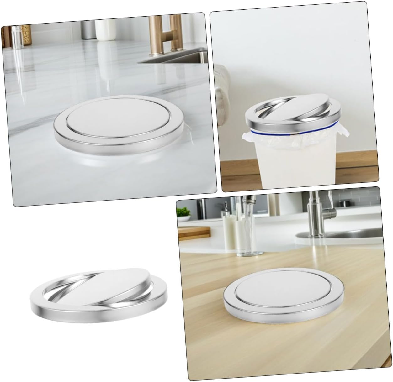 Lurrose 2pcs Stainless Steel Recessed Trash Can Lid with Swing Flap, 21.5-24cm Countertop Waste Bin Cover for Kitchen, Bathroom, Home Installation