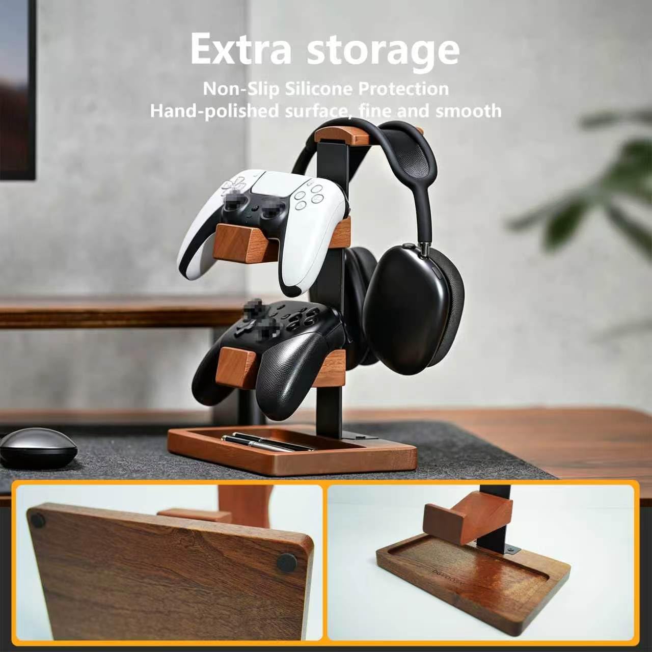 Wood Headphone Stand,Headset Holder with Dual Gaming Controller Holder | Headset Holder for Desk, Headset Stand, Storage Base,Walnut