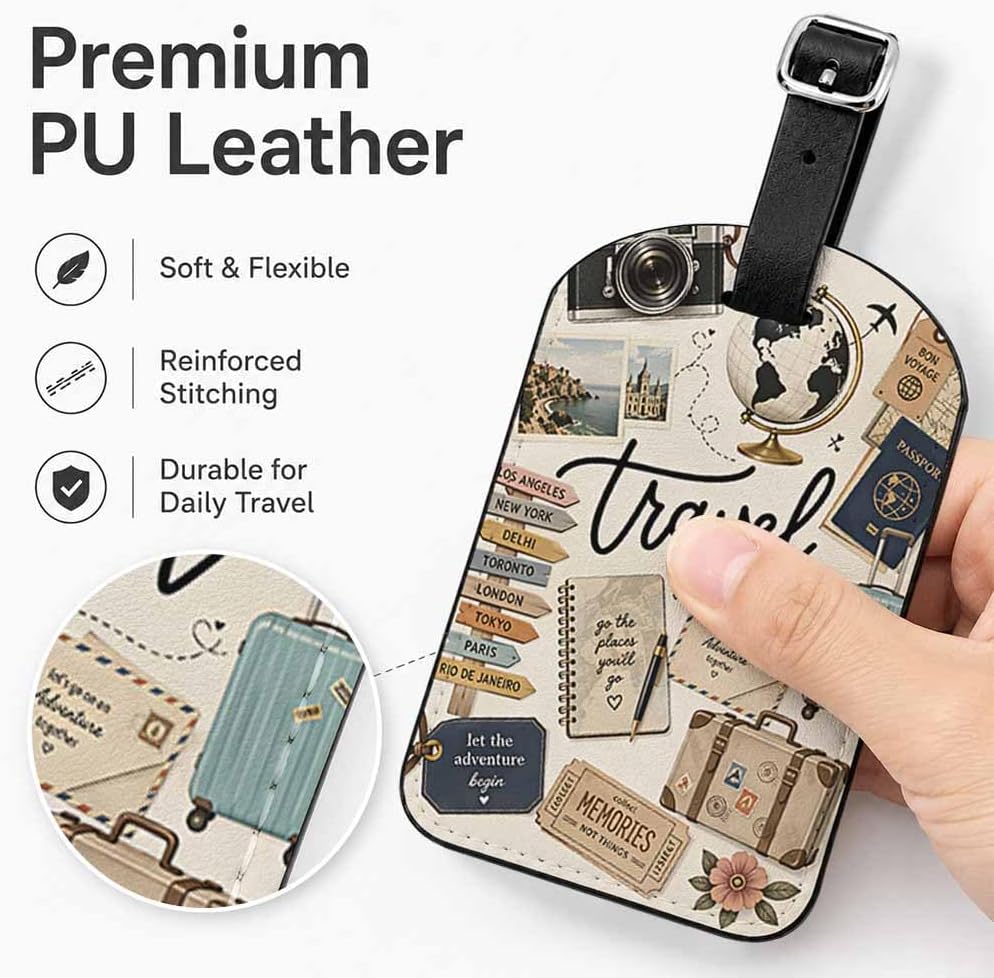 Vintage Luggage Tag with Privacy Cover,Camera Passport Travel Adventure Name ID Label for Suitcases Backpacks Air Travel,1 Pack PU Leather Luggage Tag image 4