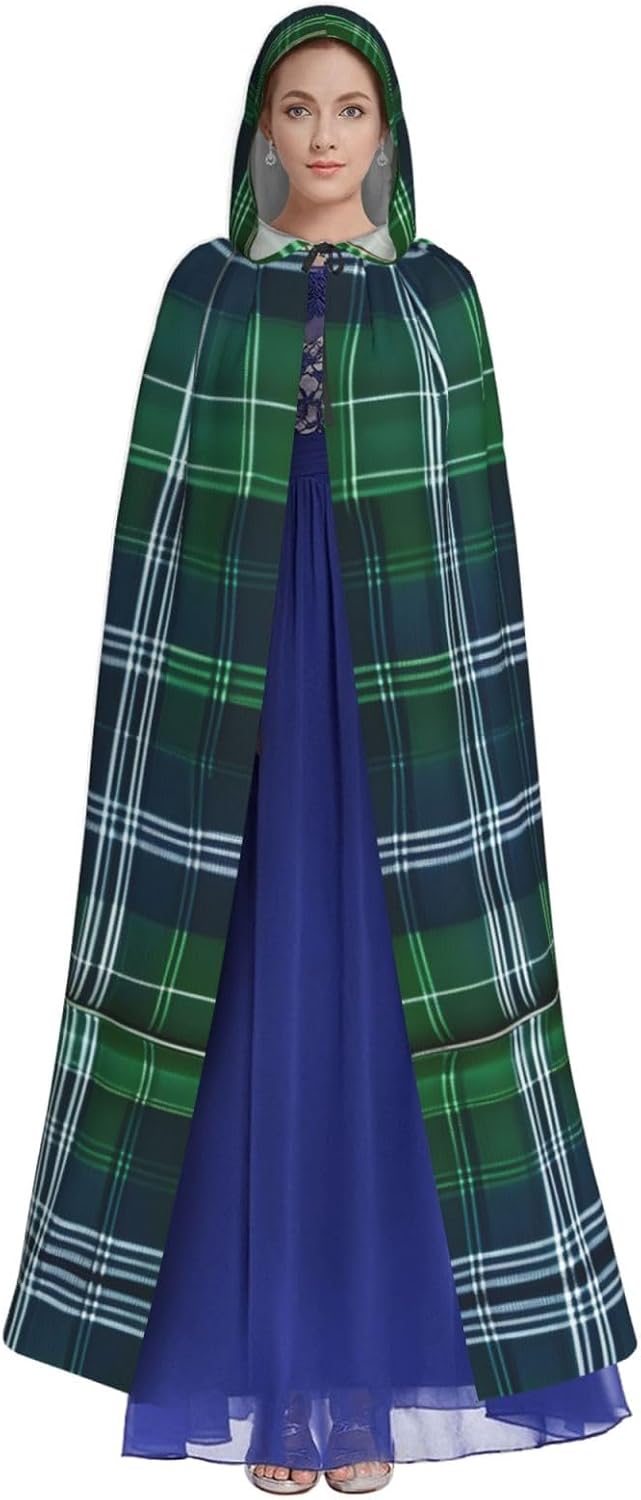Blue Scottish Tartan Print Men Hooded Cloak,Wizard Hooded Robe,Witch Cape Cosplay Costume Halloween Party Capes