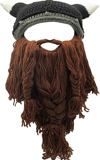 YEKEYI Viking Beard Beanie Horn Hat Winter Warm Mask Knitted Wool Funny Skull Cap