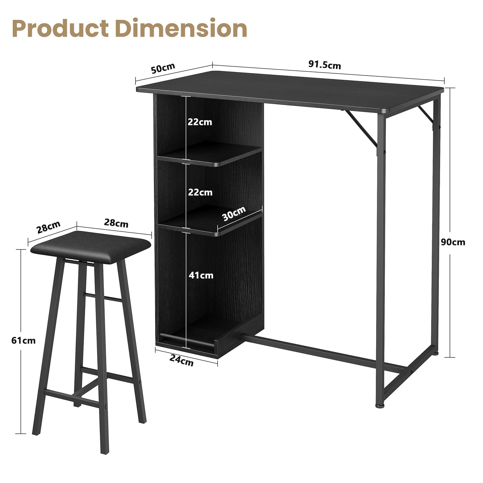 Garvee Conjunto de Bar Industrial 3 Piezas con 3 estantes – Mesa y 2 taburetes, Soporte para Copas – Ideal para Cocina o Comedor pequeño – Negro con Estructura y cojín Negros