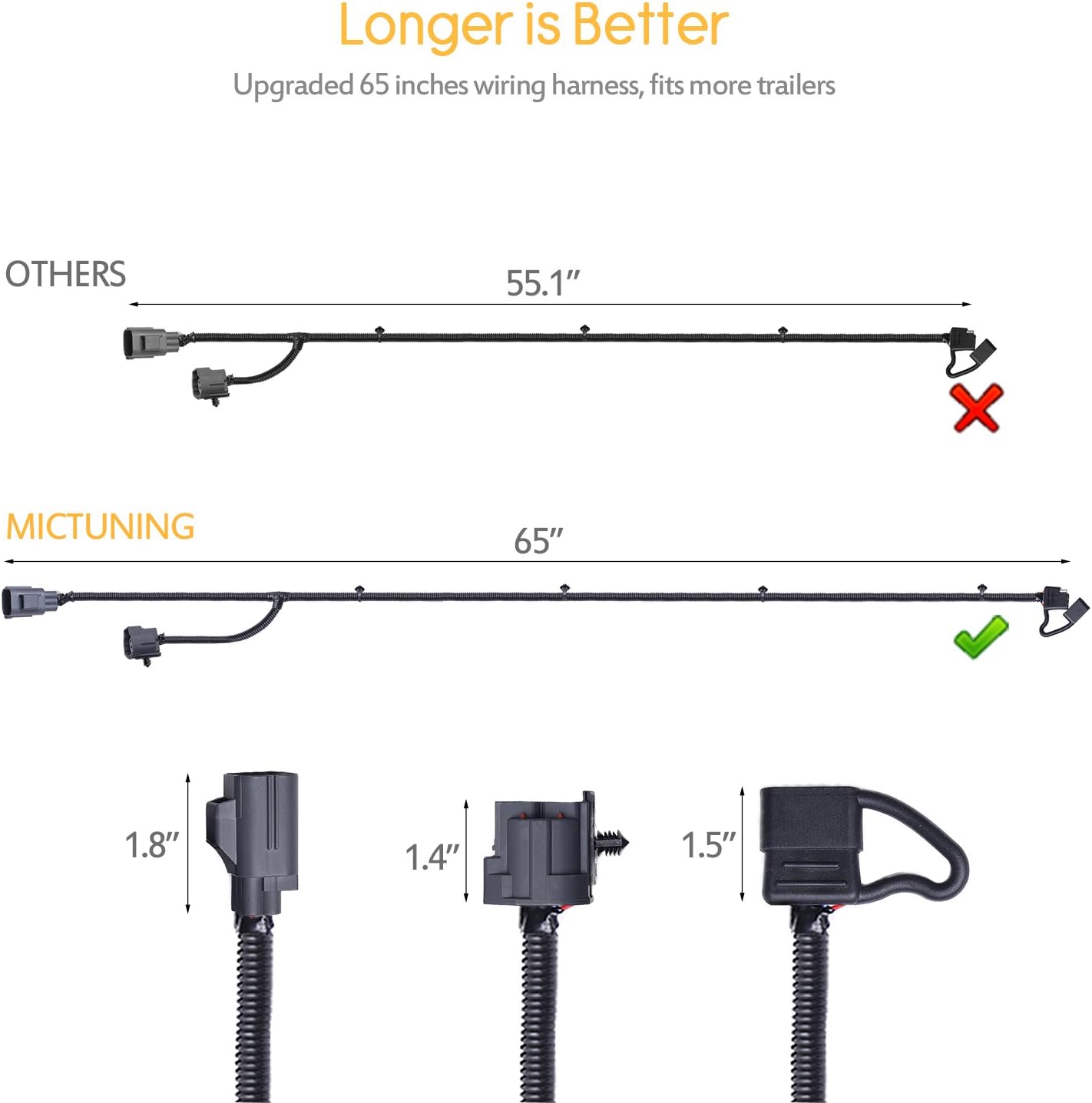 MICTUNING 65 Inch Trailer Hitch Wiring Harness Kit with 4-Way Flat Connector Dust Cover Set Compatible with 07-17 Jxxp Wrangler JK 2 4 Door