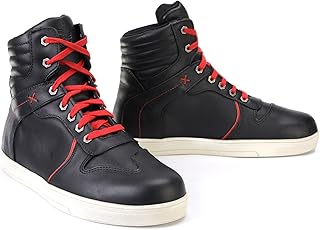 MBM9102 Men's Black Leather with Red Shoe Lace Reinforced Street Riding Shoes w/Ankle Support