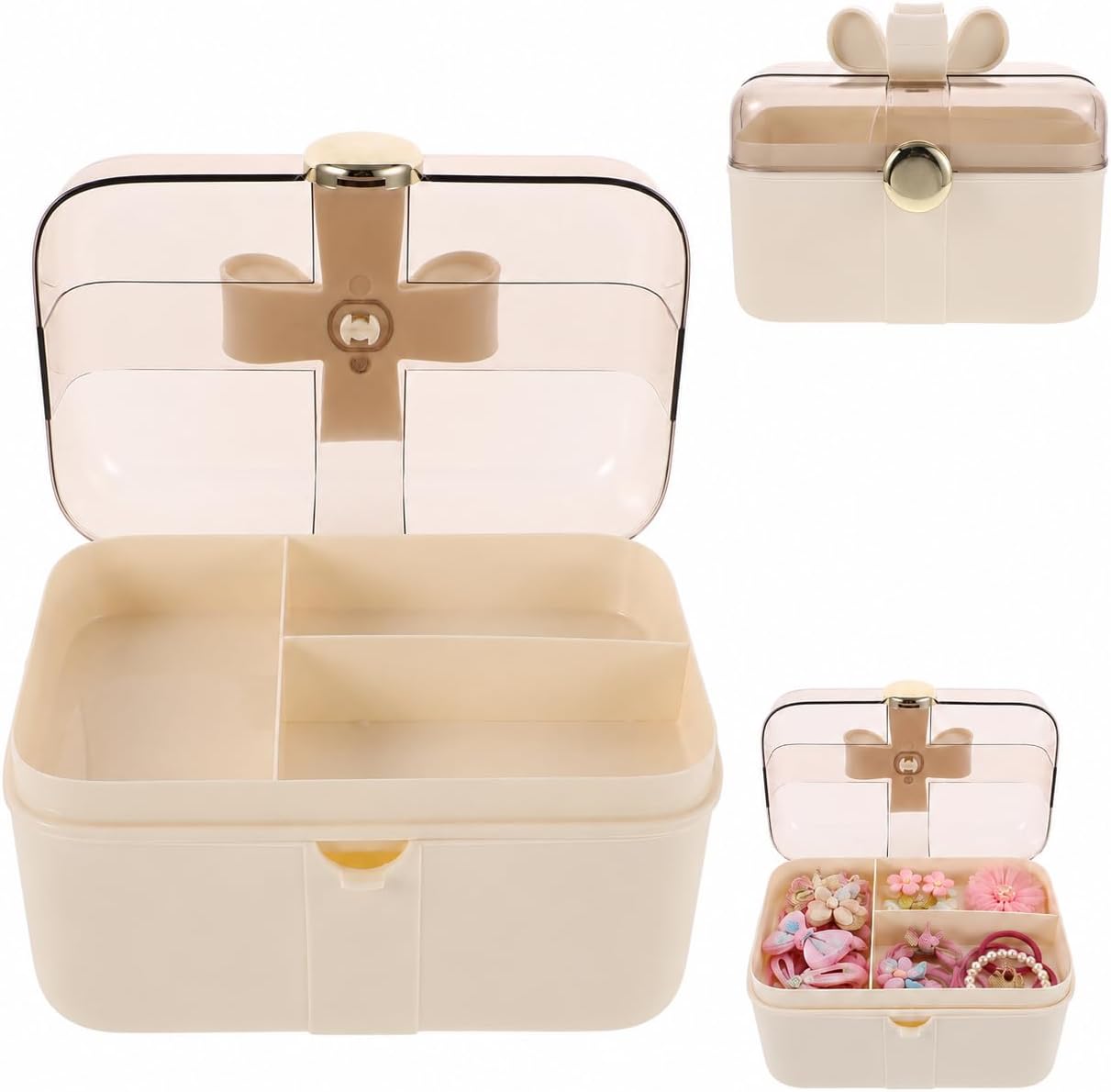 Hair Accessories Organizer Box Double Layer Storage Case with Handle and Lid Plastic Accessory Storage Box for Hair Bows Clips Ties Beige 9.84 X 7.48 X 6.69 in