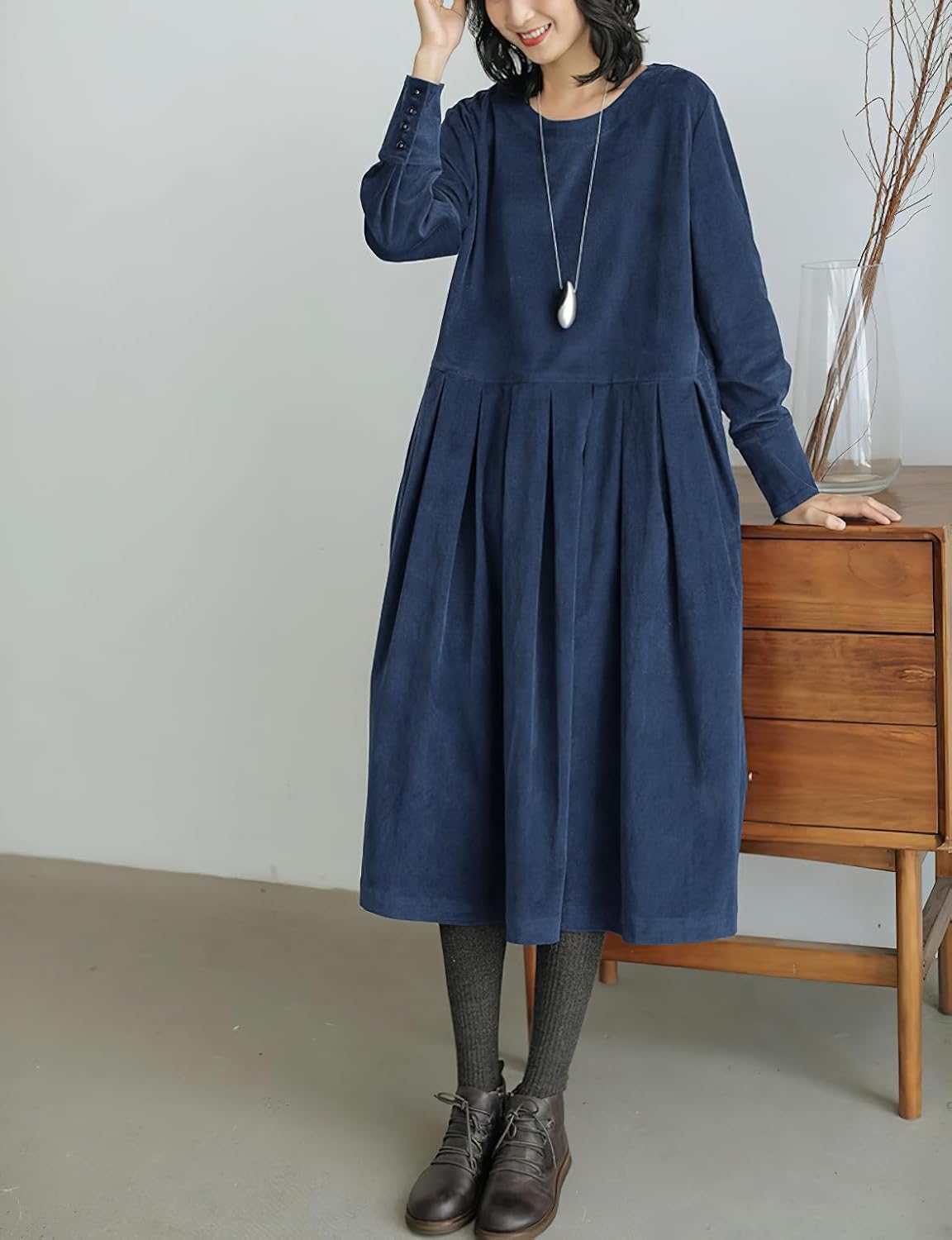 chouyatou Women's Fall Babydoll Corduroy Dress Long Sleeve Pleated Pullover Midi Dresses with Pockets - Image 2