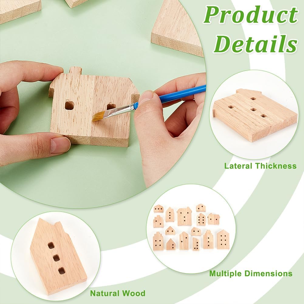OLYCRAFT 15Pcs Unfinished Wooden House Shaped Blocks House Blank Wood Cutouts Wood Blocks with Hole Wooden Display Decoration Pieces for Home Kitchen Office Shelf Coffee Bar Decor -15 Styles