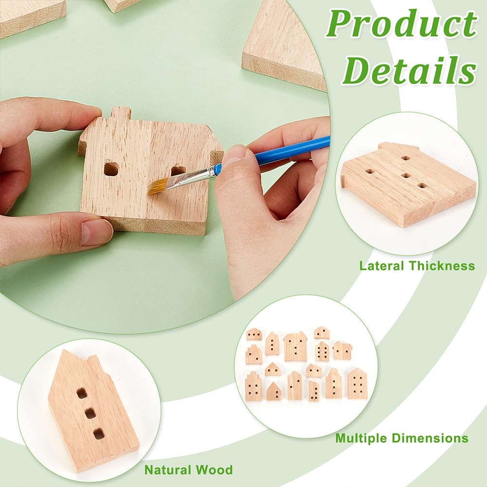 OLYCRAFT 15 Pcs Unfinished Wooden House Shaped Blocks - 15 Styles for Home Decor, House With Hole - Image 4