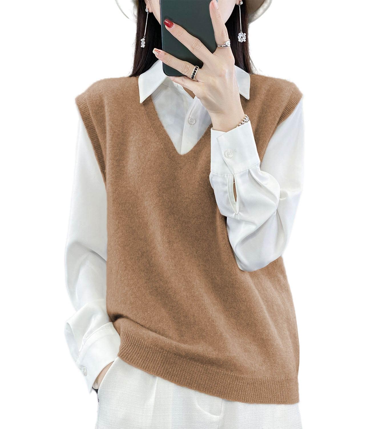 Pull en tricot à col en V pour femme, 100 % laine mérinos, léger, sans manches, gilet basique court