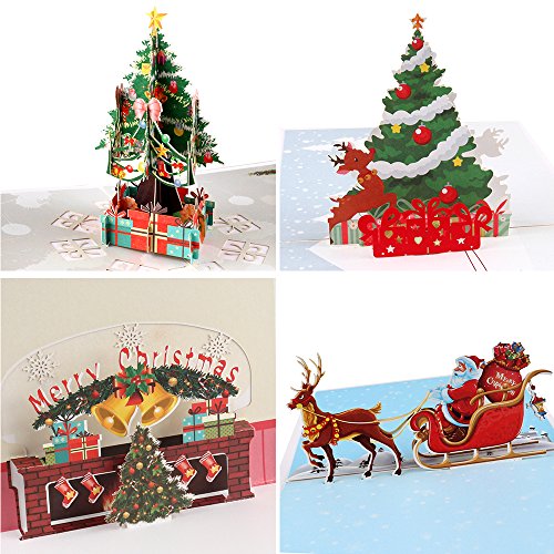 Coogam 3D Pop Up Christmas Cards, 4 Pack Blank Greeting Holiday Cards with Envelope New Year Handmade Gifts Xmas Galloping Reindeer Santa Bells Tree