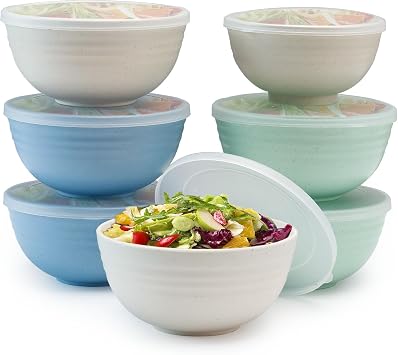 Cereal Bowls with Lids, Unbreakable Plastic Bowl with Lids set of 7, Wheat Straw Fiber Bowls for Soup Oatmeal SaladMix Colors