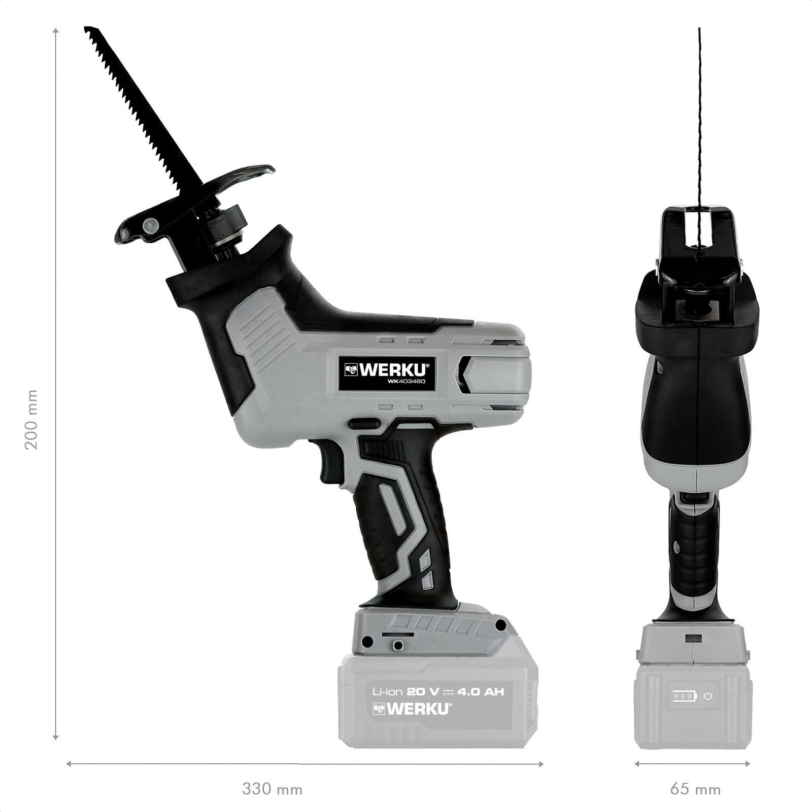 Werku WK403460, Sierra Sable Inalámbrica, Calidad Profesional, Potencia 20 V, Sistema Luz LED Visión, Incluye 2 Hojas Sierra, No Incluye Batería y Cargador