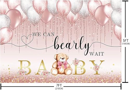 Miniatura 5 de Telón de fondo para baby shower de oso de 7 x 5 pies para niña, We Can Bearly Wait to Meet You con globos rosados, flores de oro rosa con purpurina