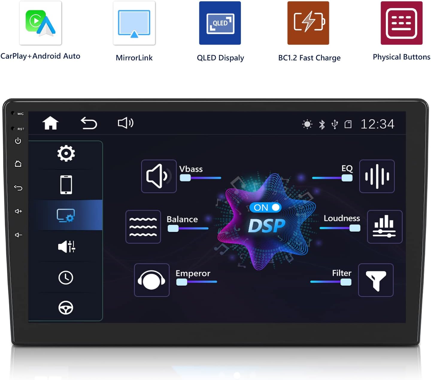 Diagram illustrating wired and wireless CarPlay, Android Auto, and MirrorLink functionalities with phone connections.