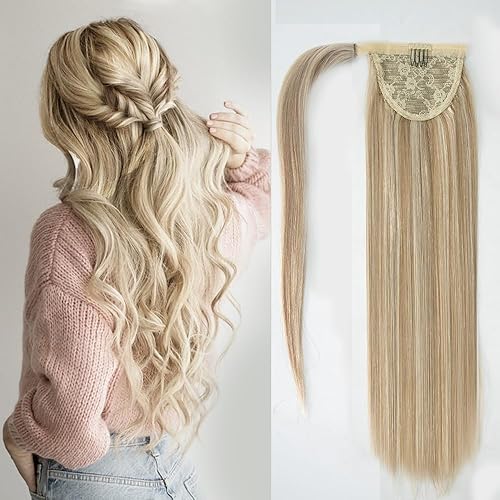 Miniatura 8 de Extensión de cola de caballo de cabello humano Remy envolvente, con reflejos, rubio claro y rubio decolorado, 14 pulgadas, cabello humano Remy