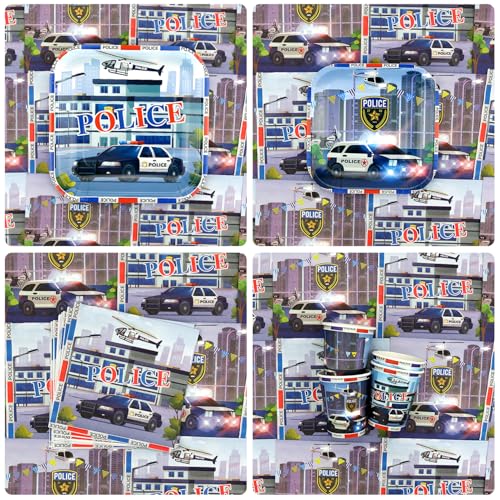 Obussgar Polizei-Partydekoration – Polizei-Partygeschirr, einschließlich Teller, Becher, Servietten, Tischdecke, Strohhalme – für 20 Personen