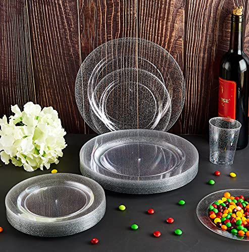 150 Pcs Silver Clear Plastic Plates With Disposable Plastic Silverware&Silver Cups- Silver Glitter Design Includes 25 Dinner Plates,25 Salad Plates,25 Forks, Knives, Spoons&10 Oz Plastic Cups(Silver） #TOP3