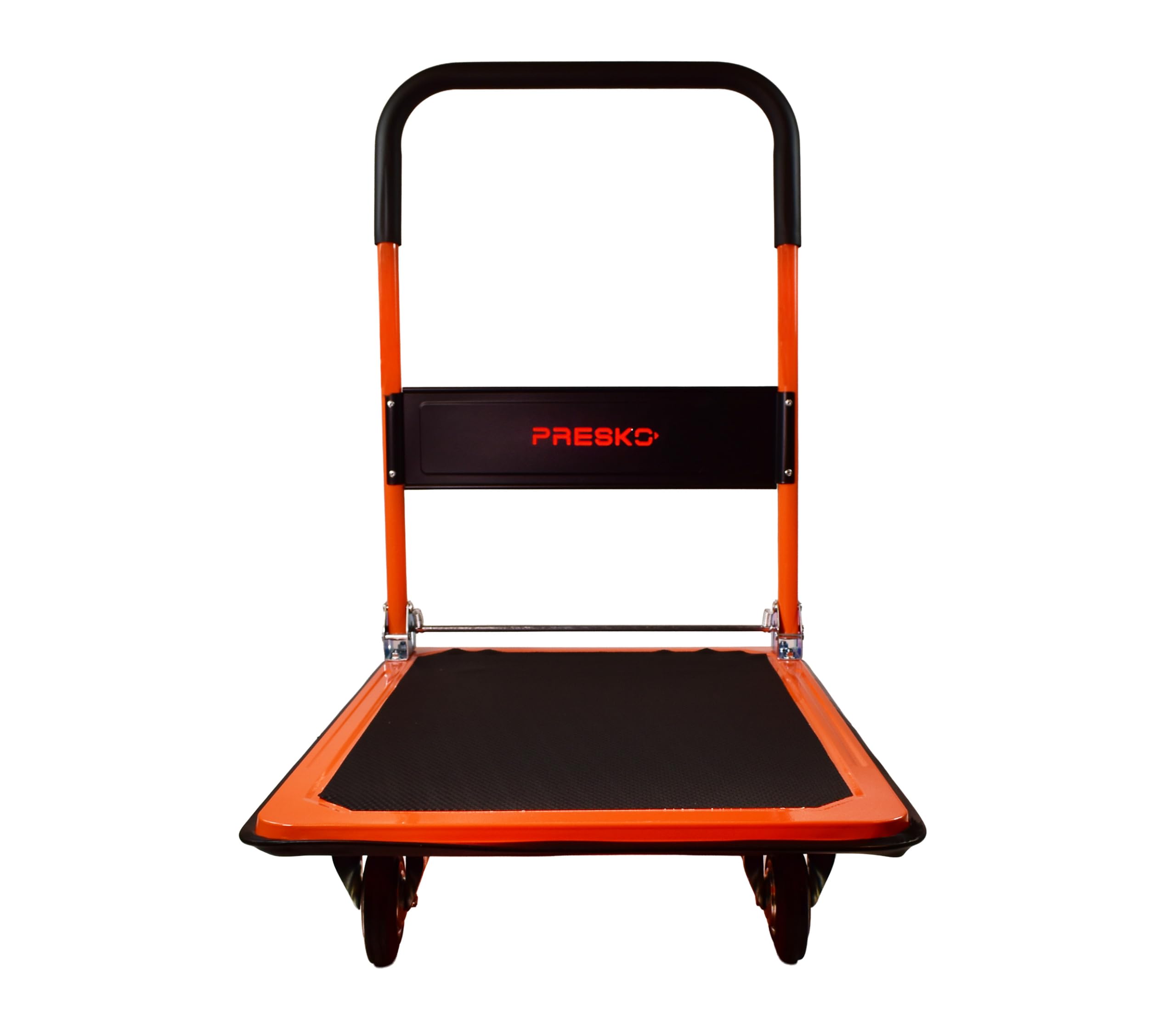 Plattformwagen klappbar bis 150 kg, Transportwagen für Lager, Werkstatt & Büro, Magazinwagen mit Rutschfester Oberfläche, gummierten Rädern & Stahlfelgen, 73 x 48 x 86 cm, Orange/Schwarz