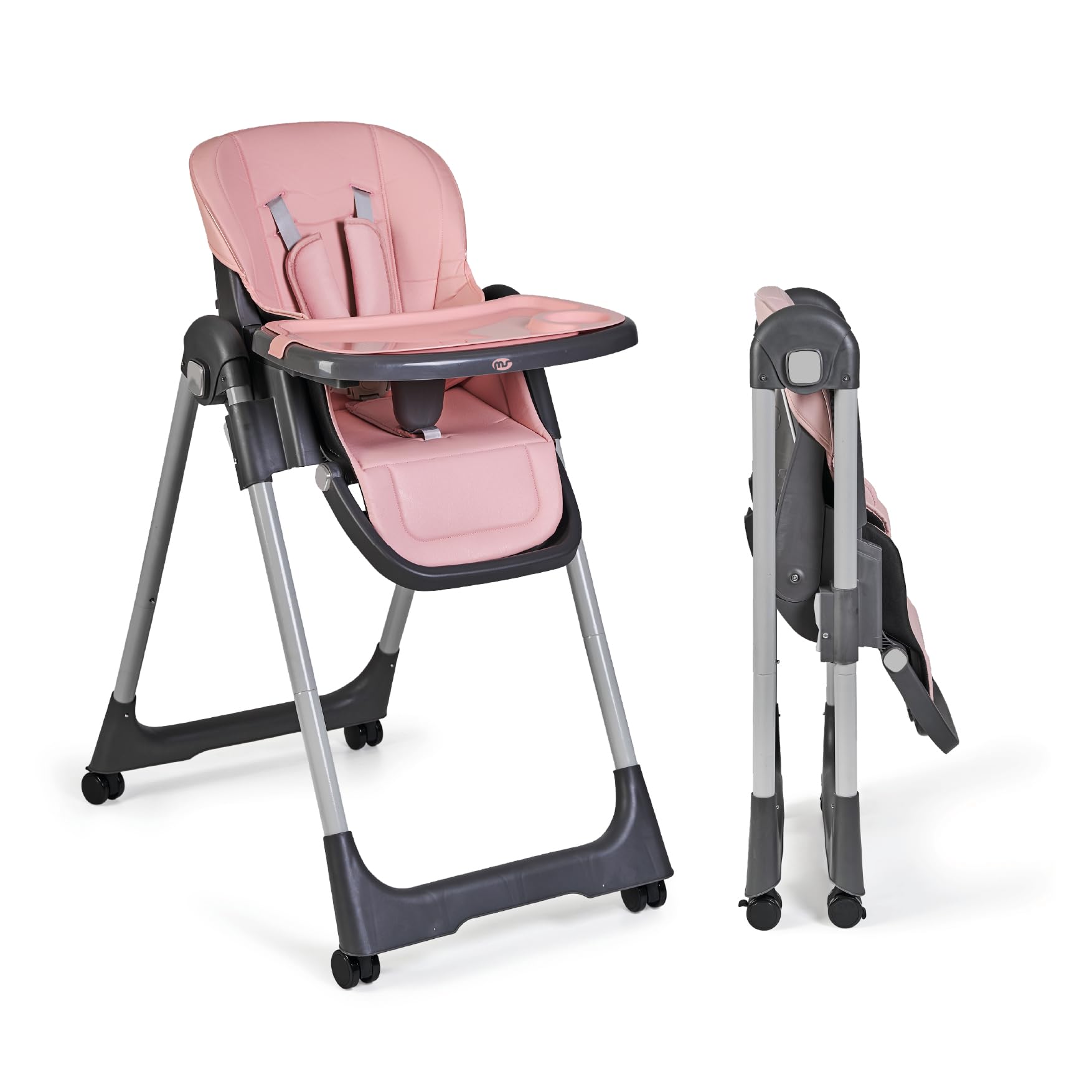 Ms BabyWorld - Chaise haute évolutive pour bébé Tasty | 7 positions de hauteur et 3 inclinaisons | Plateau amovible et repose-pieds réglable | Portable, pliable, jusqu’à 3 ans (Rose)