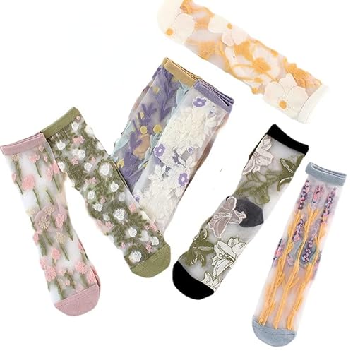 7 Paar Damen-Socken mit Blumenmuster, durchscheinend, niedlich, durchsichtig, Rüschen, Cottagecore, Mesh-Spitze, Jacquard-Socken, Boho-Fischnetzsocken, 7 Paar, Einheitsgröße Cover