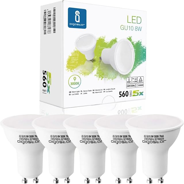 Aigostar GU10 LED Bulbs Warm White, GU10 8W 160° Wide Angle, LED Spotlight Bulbs 560lm, GU10 Energy Saving Light Bulb 3000K, 5 Pack