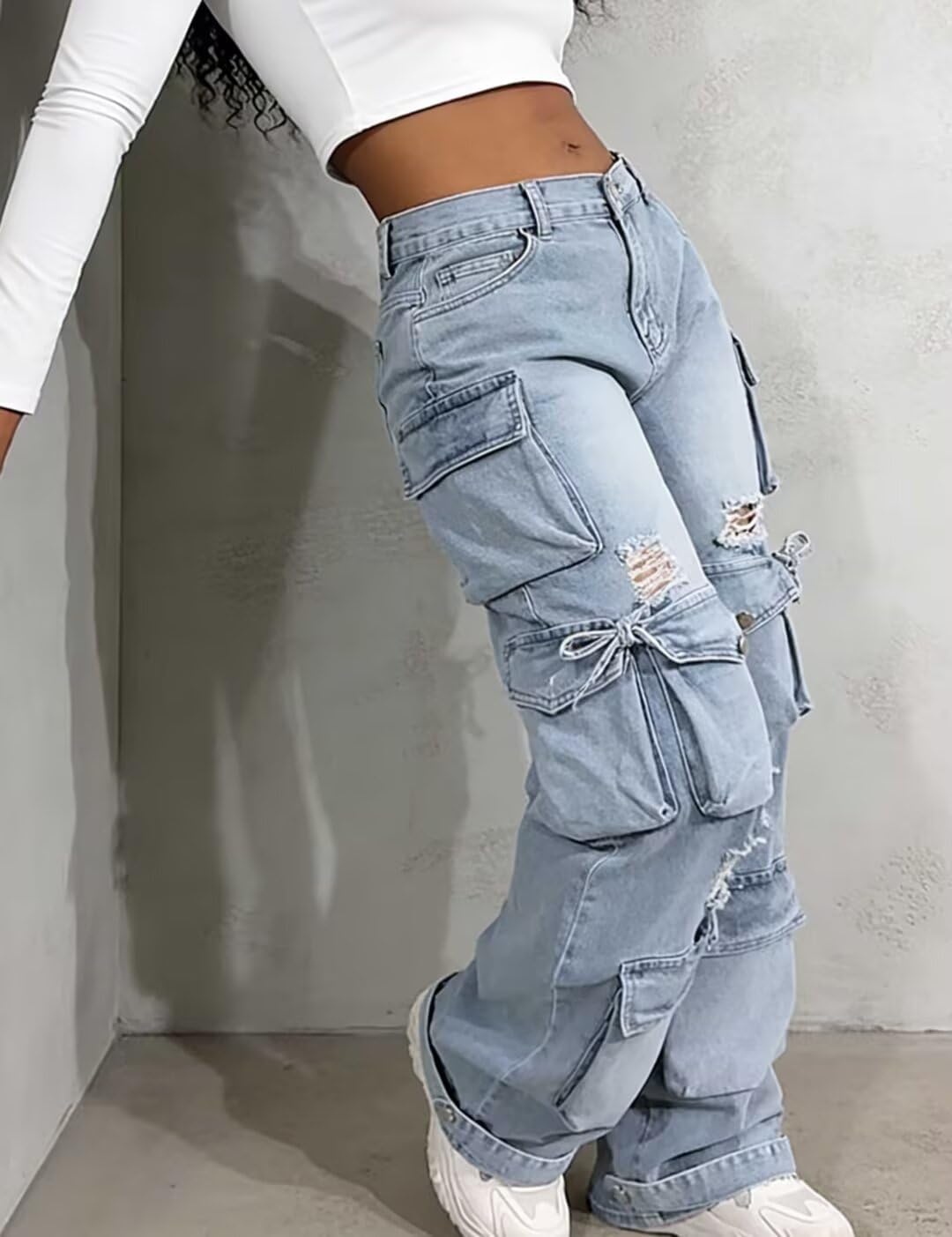 Women's Cargo Jeans Fashion High Waisted Cute Bowknot Denim Pants Y2k Hip Hop Streetwear