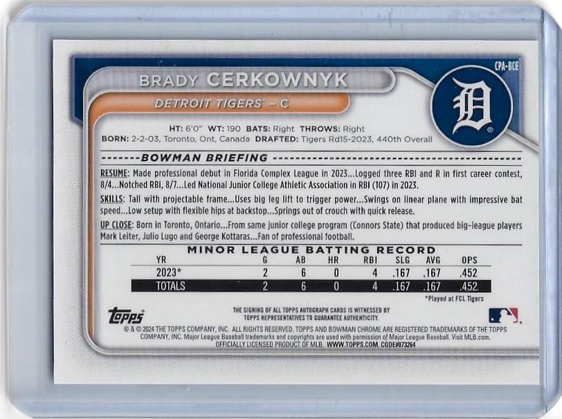 Brady Cerkownyk Autographed 1st Bowman Chrome Prospects Rookie Auto Collectible Baseball Card - 2024 Bowman Baseball Card #CPA-BCE (Tigers)