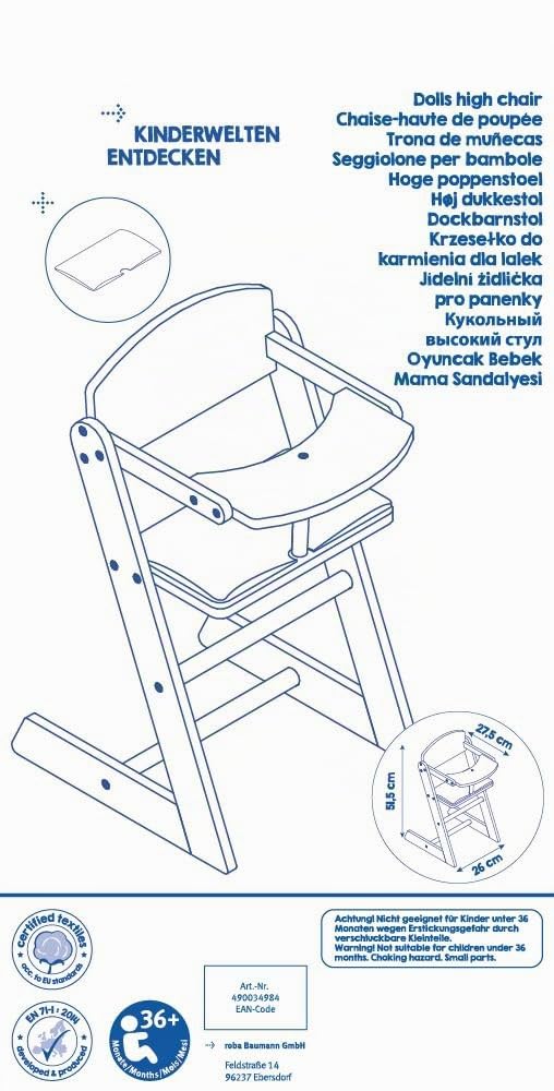 roba Trona para Muñecas Scarlett de Madera + Cojín Rosa y Bandeja para Comida - Altura 52 cm - a Partir de 3 Años - Blanco / Natural