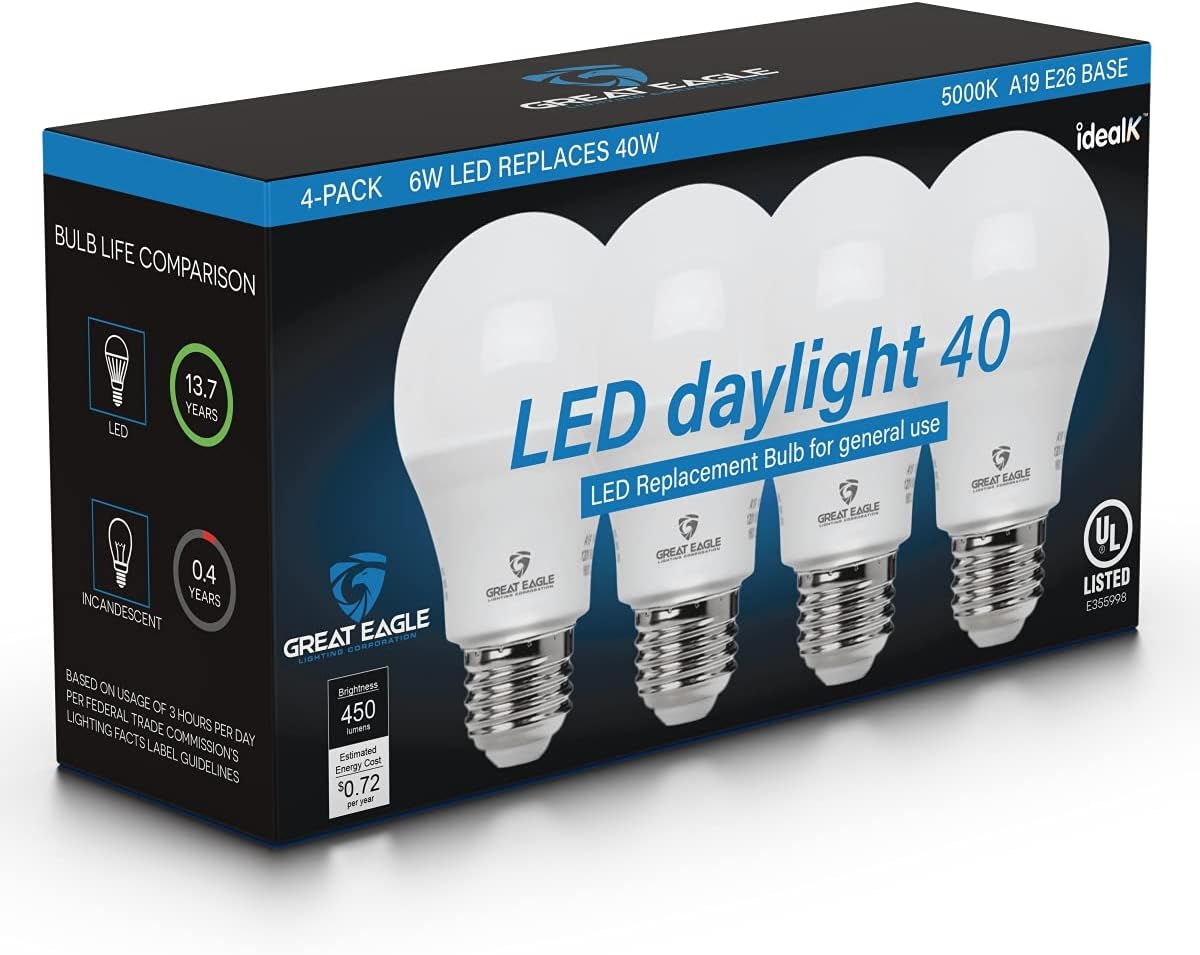 GREAT EAGLE LIGHTING CORPORATION A19 LED Light Bulb, 6W (40W Equivalent), UL Listed, 5000K (Daylight), 450 Lumens, Non-dimmable, Standard Replacement (4 Pack)