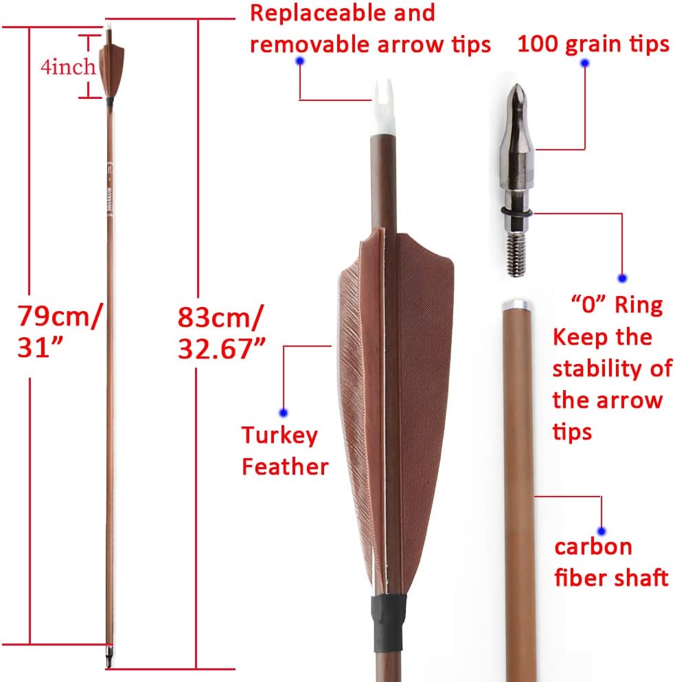 AMEYXGS 31inch Archery Pure Carbon Arrows Target Hunting Arrows Spine 340/400/500/600 with 4inch Turkey Feathers Removable Tips for Compound and Recurve Bow
