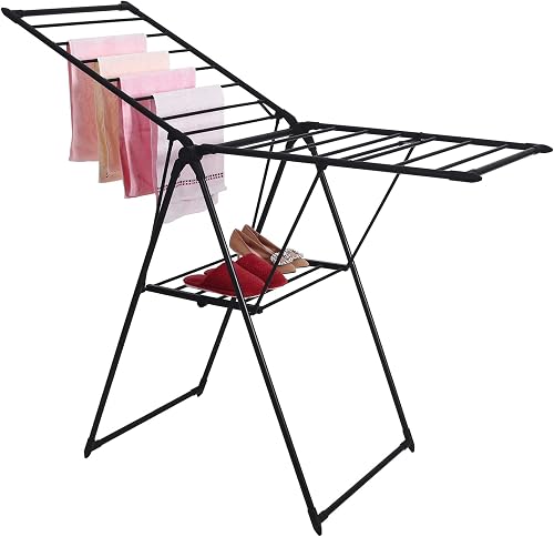 Rainberg Clothes Airer, Clothes Horse, Indoor/Outdoor Clothes Airer, Clothes Drying Rack with 15m Washing Line Drying e. (Black)