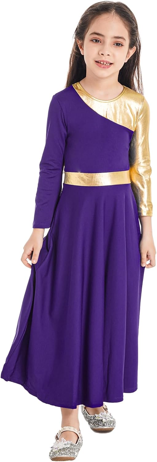 Hansber Kids Girls Metallic Praise Dance Dress Long Sleeve Color Block Church Robe Full Length Worship Gown