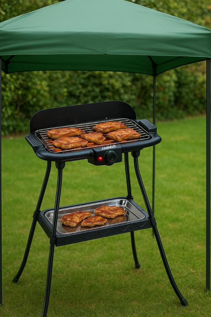 Barbacoa Eléctrica 2000W, 2 en 1 - Parrila Eléctrica de Pie y de Mesa, Portátil, Sin Humo, Calienta rápido con regulador de temperatura, Incluye Cortavientos