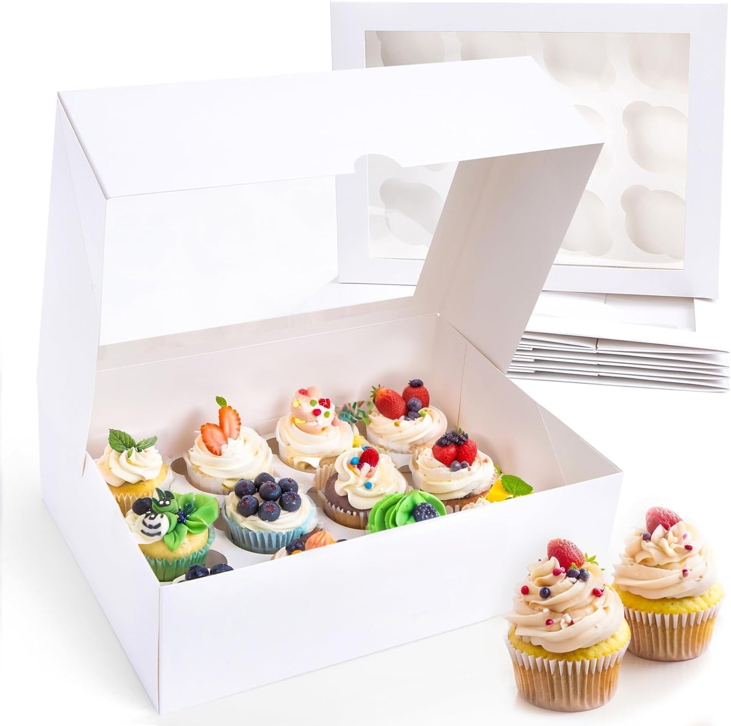 Apprise Deals 10 cupcake boxes 12 holes with multipurpose inserts Deep cake boxes with cupcakes 33 x 25.2 x 7.6 cm white cup cake boxes with a clear window Ideal for Muffins, Cupcakes, and Pastries