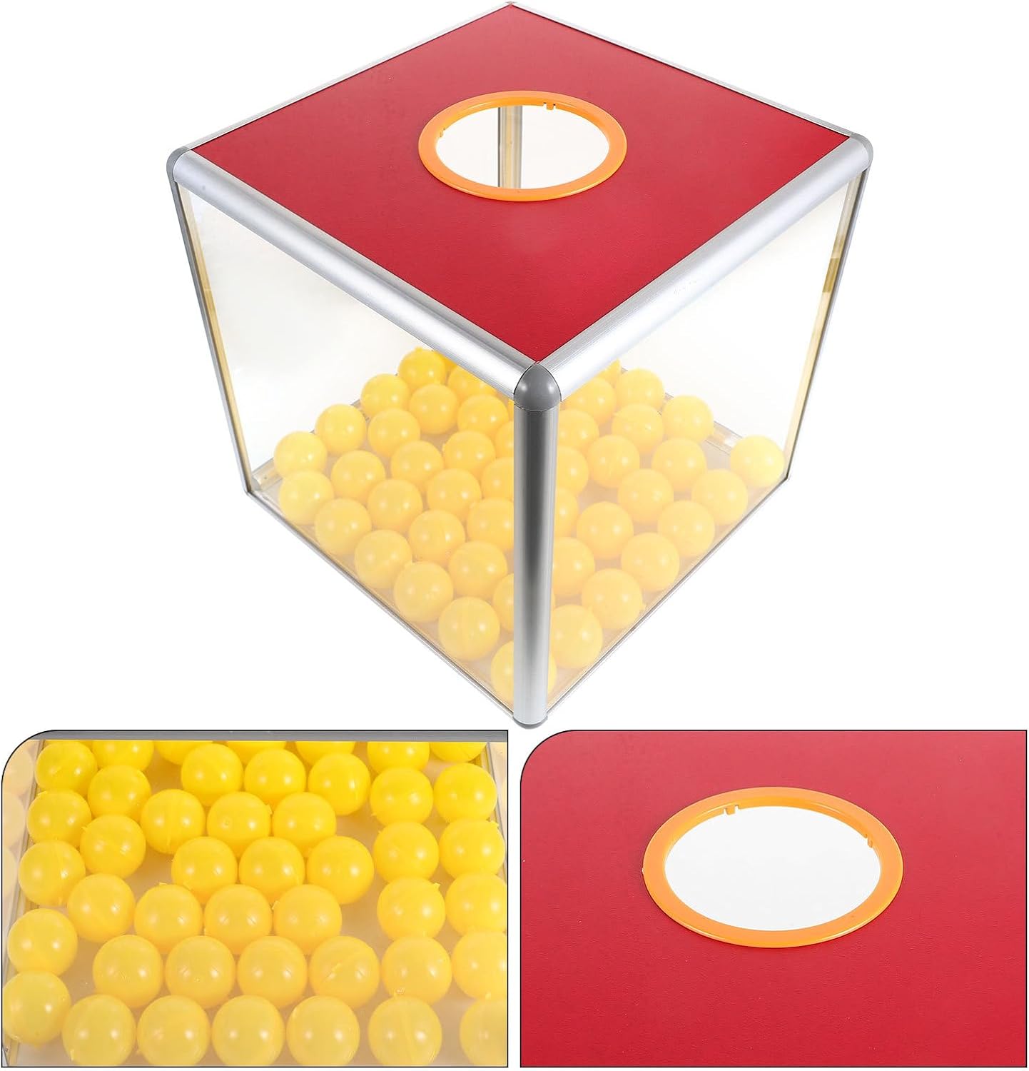 Red Raffle Ticket Box with 30Cm Prize Container and 50 Yellow Raffle Balls, Donation and Voting Storage Case for Party Games and Fundraising Events