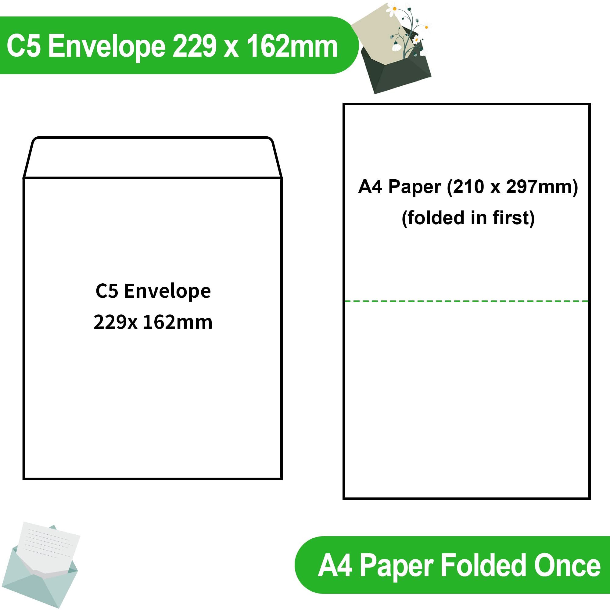 C5 229 x 162 mm 100gsm Brown Self Seal Pocket Envelopes, No Window, Greeting Card Invitation Envelopes for School Home - Image 2